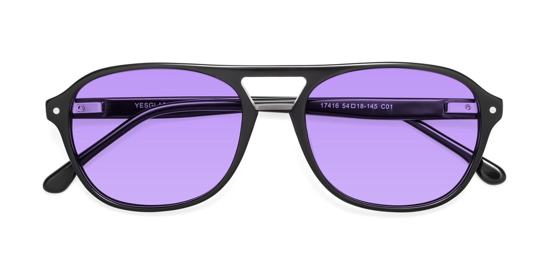 Black Grandpa Acetate Aviator Tinted Sunglasses with Medium Purple ...
