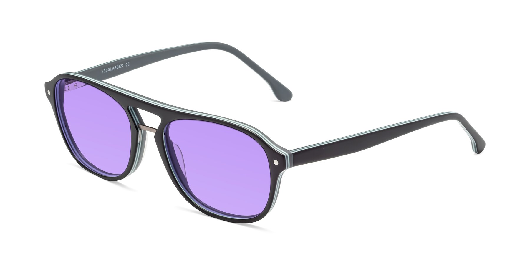 Matt Black Grandpa Acetate Aviator Tinted Sunglasses with Medium Purple ...