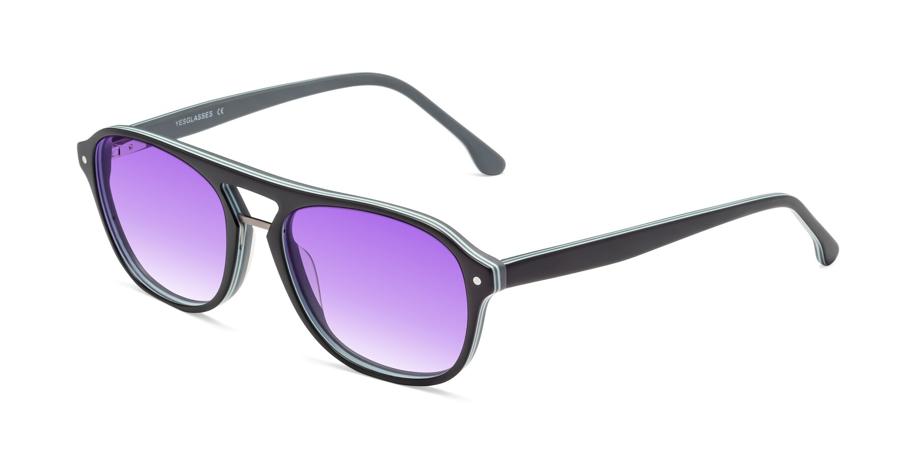 Matt Black Grandpa Acetate Aviator Gradient Sunglasses with Purple ...