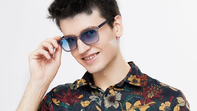 Blue tinted sunglasses are also stylish when paired with black hair.