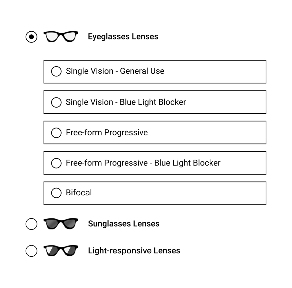 Simply select the type of lens and coatings for your prescription glasses.