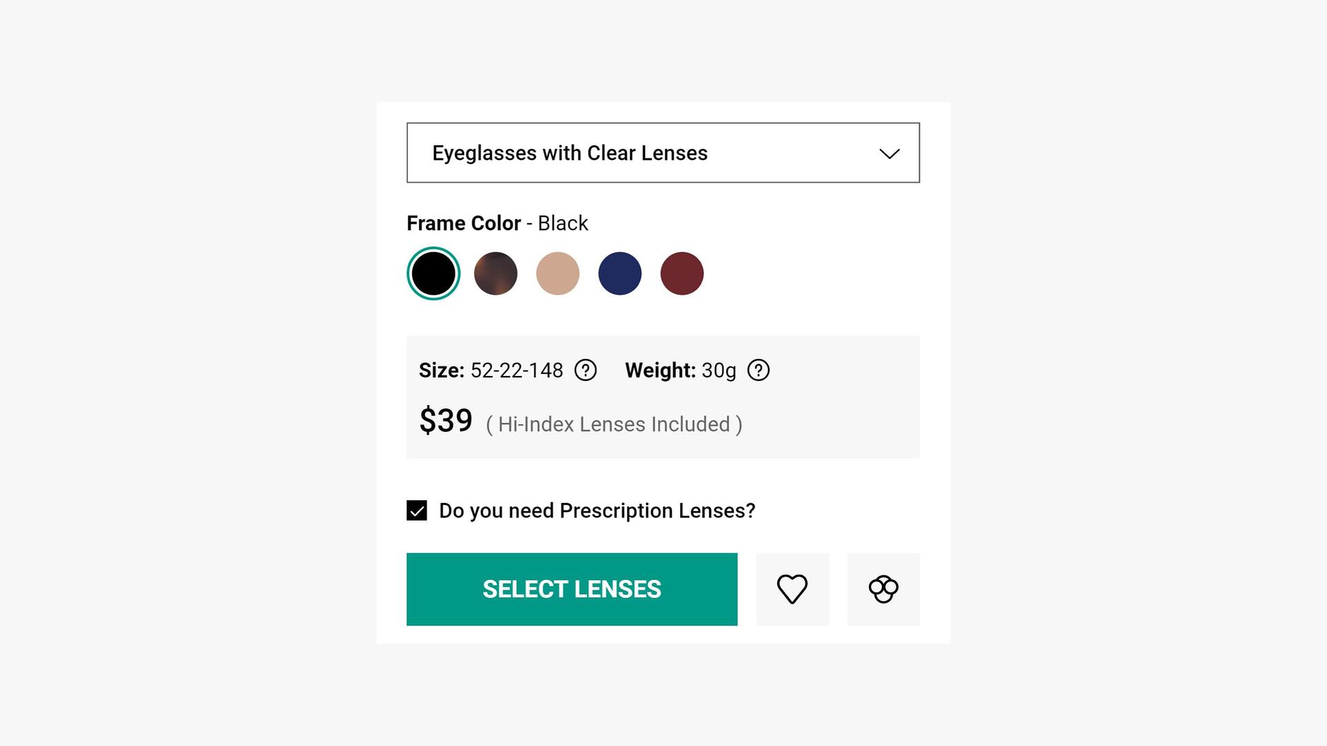 View the drop down for the option Eyeglasses with Clear Lenses.