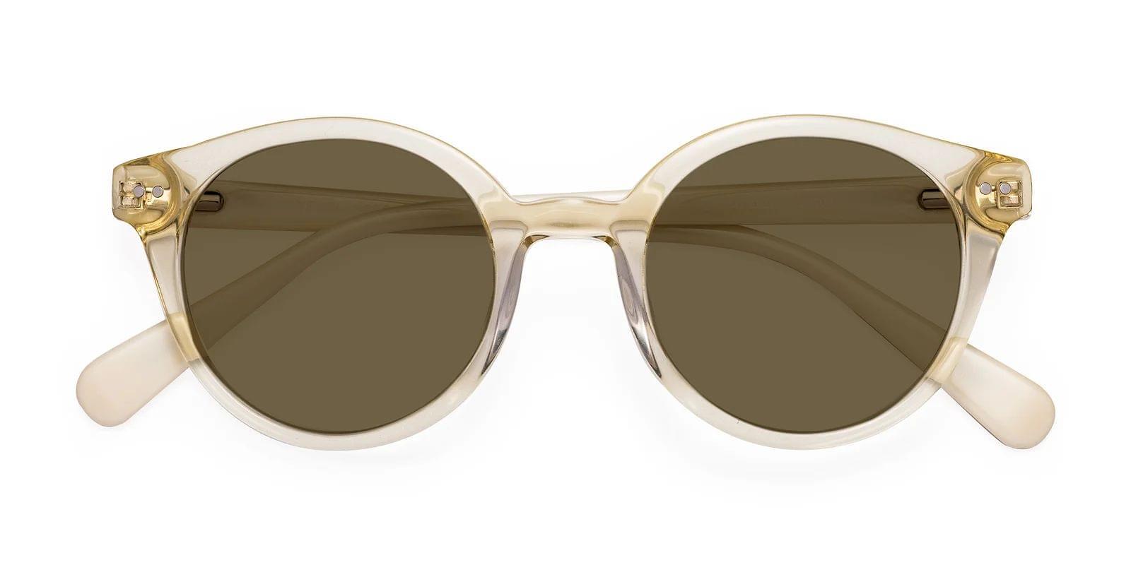 Transparent Beige Narrow Horn-Rimmed Round Polarized Sunglasses