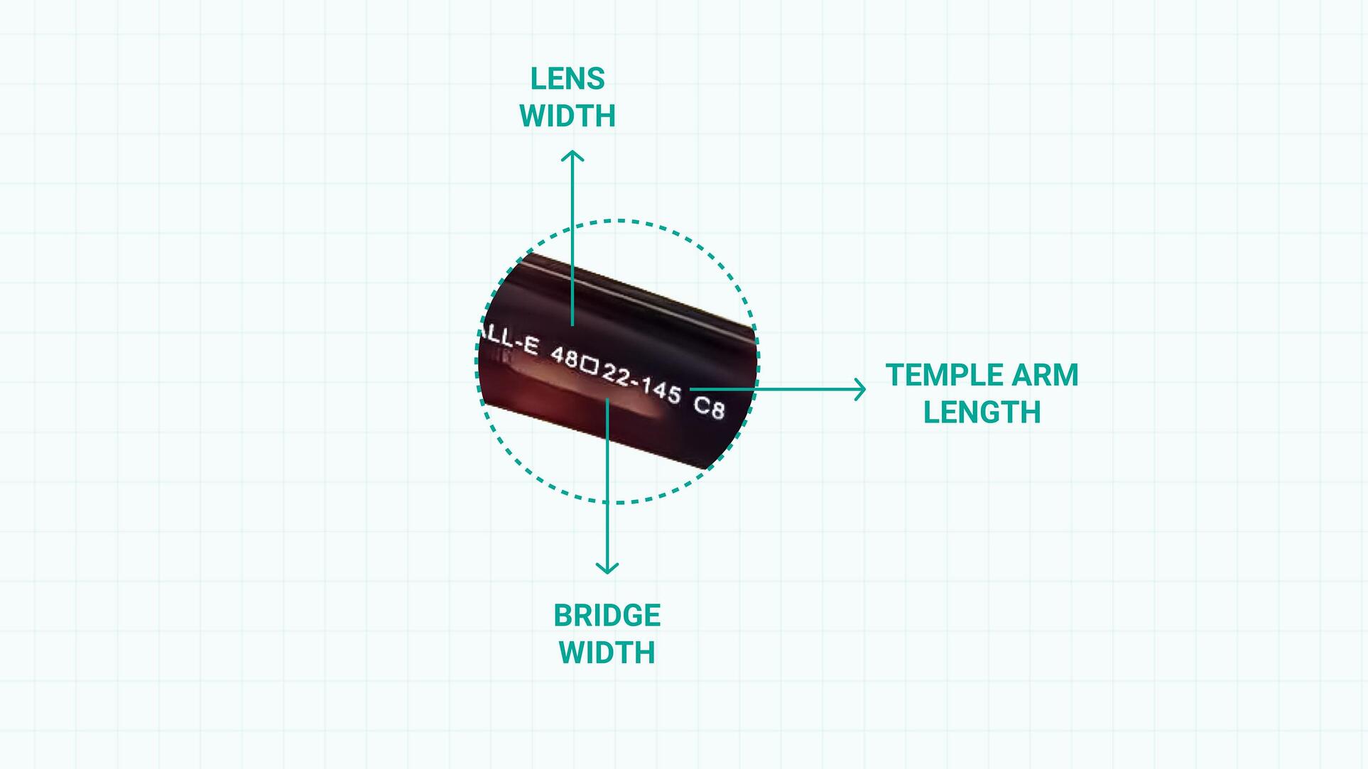 The measurements on eyeglass frames tell you the lens width, bridge width, and temple length of your glasses.