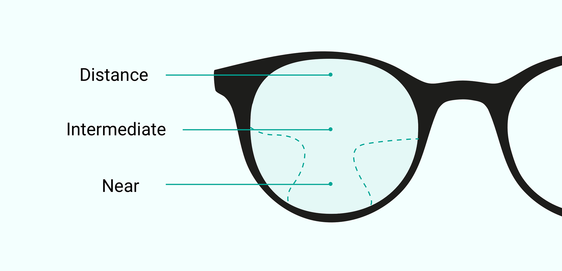 A progressive lens showing the seamless transition between the three views.