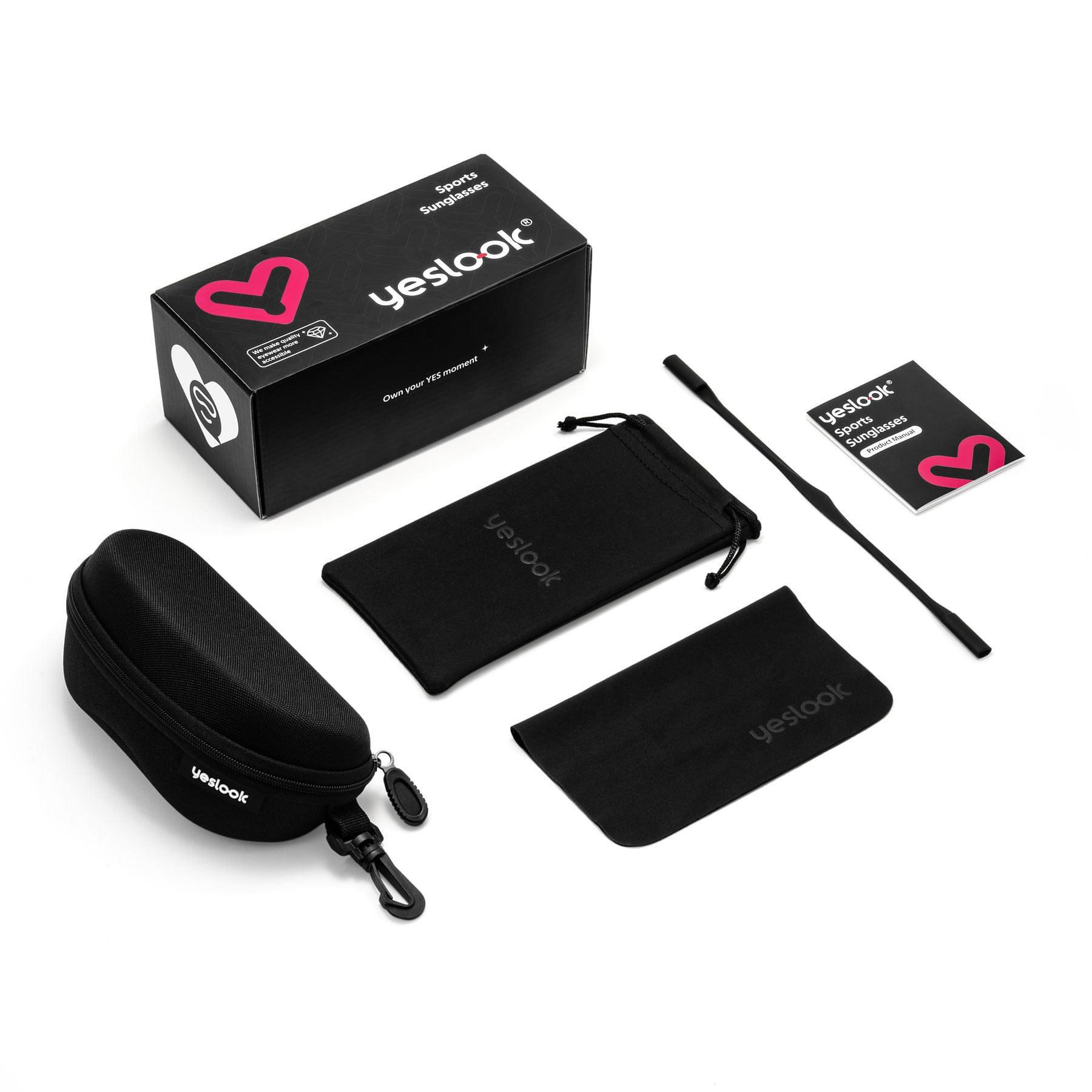 Packaging photo of sports sunglasses and accessories